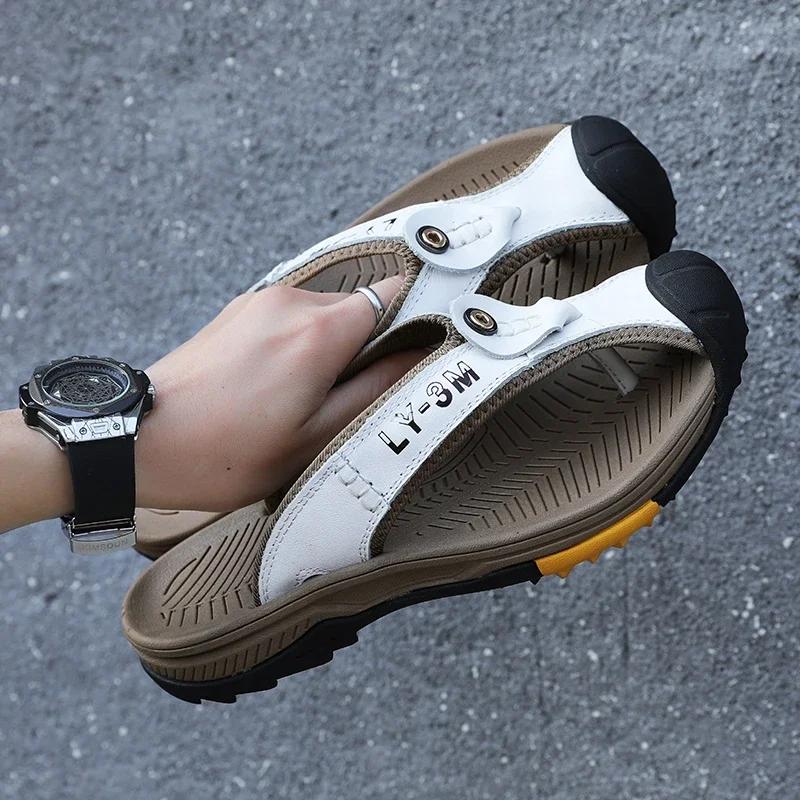 Genuine Cow Leather Men Beach Slippers Outdoor Anti-slip Mens Flip Flops Summer Men Walking Shoes Comfortable Male Casual Shoes