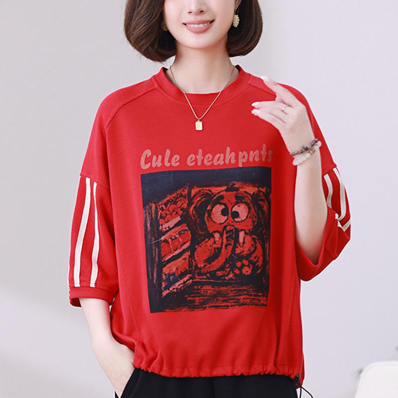 

2025 Summer Women s Retro Print Slimming Round Neck Short Sleeve T-shirt L красный