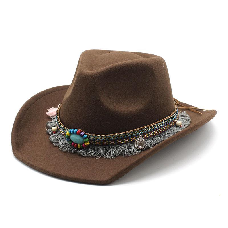 Ethnic Style Tassel, British Style Felt Hat, Retro Top Hat, Woolen Men'S And Women'S Western Cowboy Hat