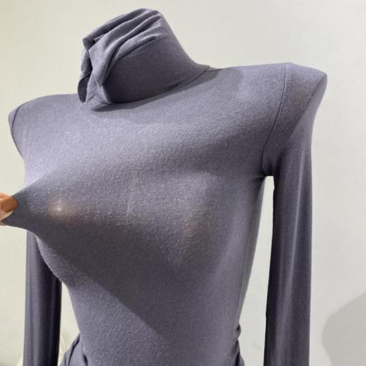 High Collar Long Sleeve Slim Base Shirt Women Solid Color Elastic Tops for Autumn Winter