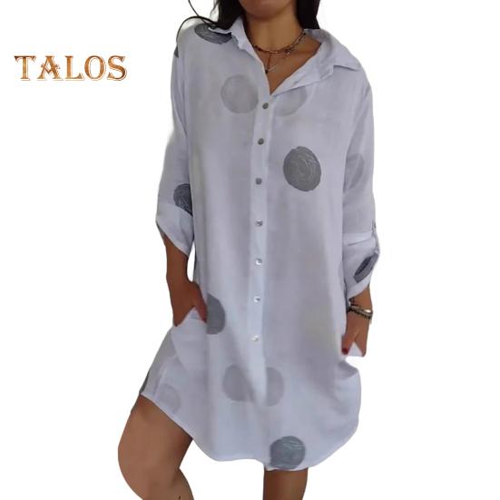 

Женское платье-рубашка с лацканами, длинный рукав, однобортное, повседневное, рубашка с круглым принтом, свободного кроя, рабочее, вечернее платье S белый