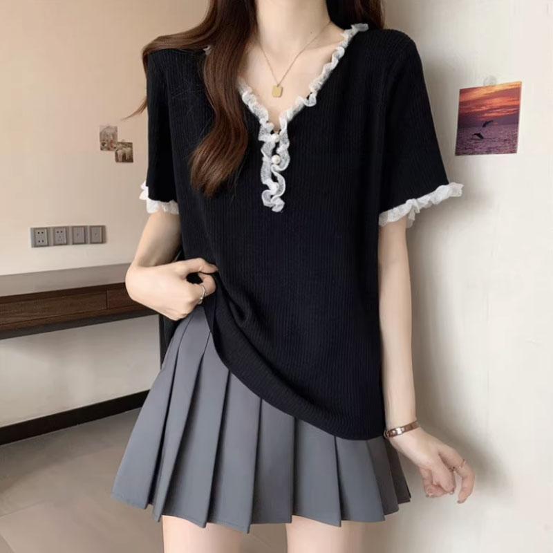 Fashionable Ruffles Spliced Pullovers Women's Clothing Solid Color Basic Summer Lace V-Neck Korean Short Sleeve Loose T-shirts