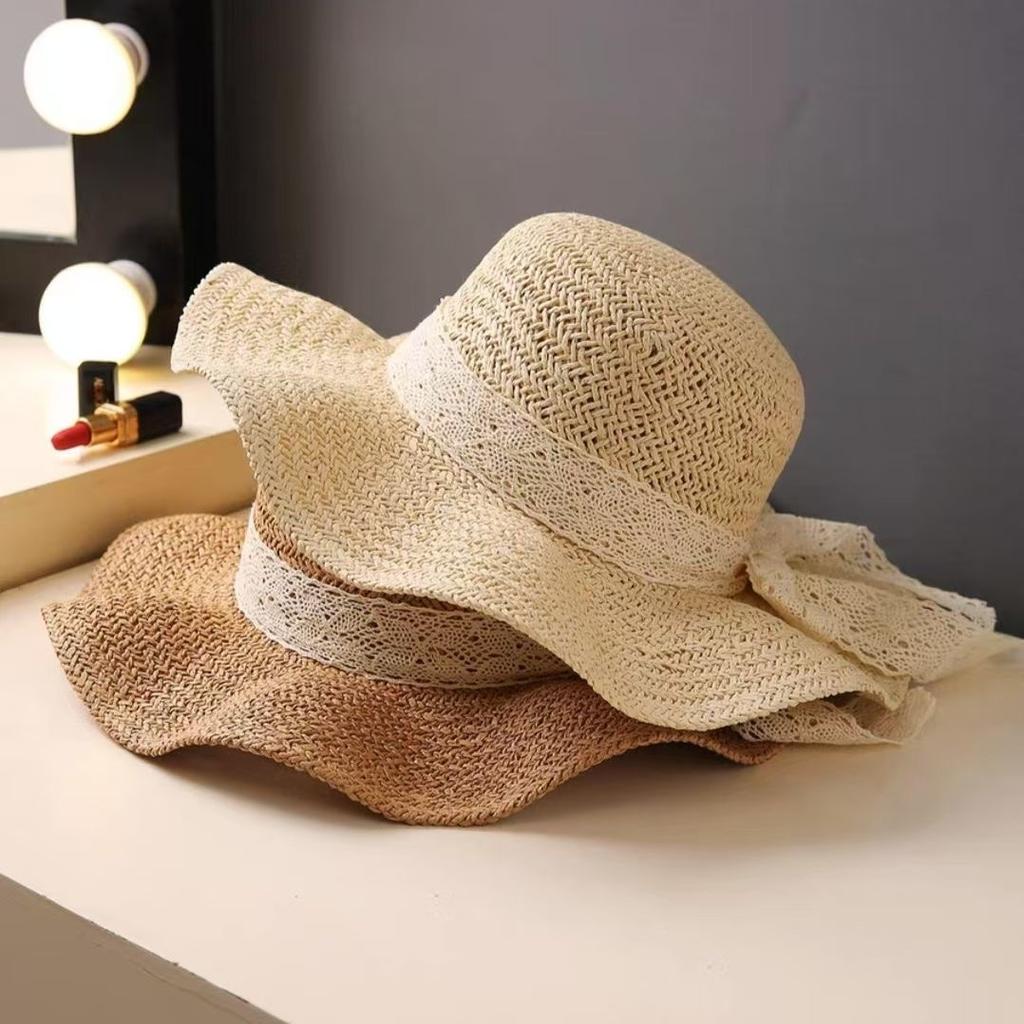 New lace decorative wavy edge women's hat summer seaside vacation visor sun protection wavy big brim straw hat