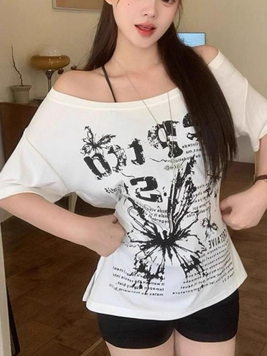 T-shirt d'été asymétrique épaules dénudées grande taille pour femme 2025