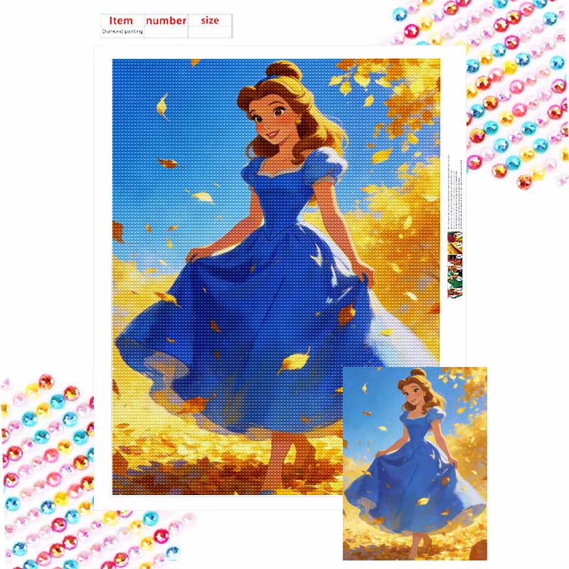 Disney Princess Belle Diamond Paint Mosaic Art Painting Kit Handmade DIY Home Decor Yellow Leaves Autumn Scenery Elegant Dress Round 20x30cm