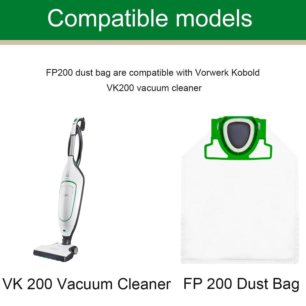 EATBALE Compatible Vorwerk Kobold VK200 FP200 5 Layer Micro Dust Cleaning Bags with 12 Vacuum Cleaner Bags 2 HEPA Filter Fits High Performance Dust
