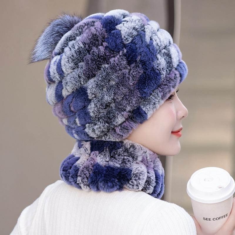 New Rex rabbit fur hat women's autumn and winter outdoor warm ear scarf mother casual suit