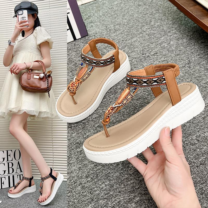 2025Plus Size Bohemian Style Flat Sandals for Women Summer Casual Comfortable Beach Shoes Femme Soft Boottom Footwear