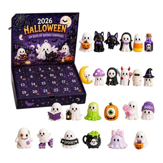 Interactive Unboxing Advent Calendar Halloween with 24 Horror Figures, Mini Cute Ghost Miniature Collectibles Decorations, Spooky Countdown