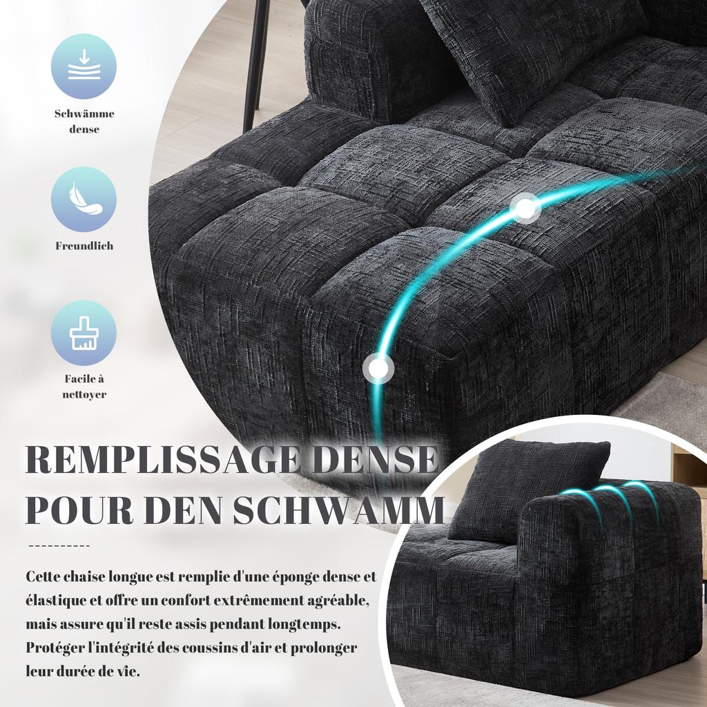 Comfortable Chaise Longue Sofa, No Assembly Required, Soft Sofa with Cushion, Side Pockets for Remote Control, Mobile Phone, Neat and Stylish, Black