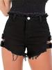 Black Y2K Elastic Denim Shorts with Frayed Edges & Adjustable Metal Buckle