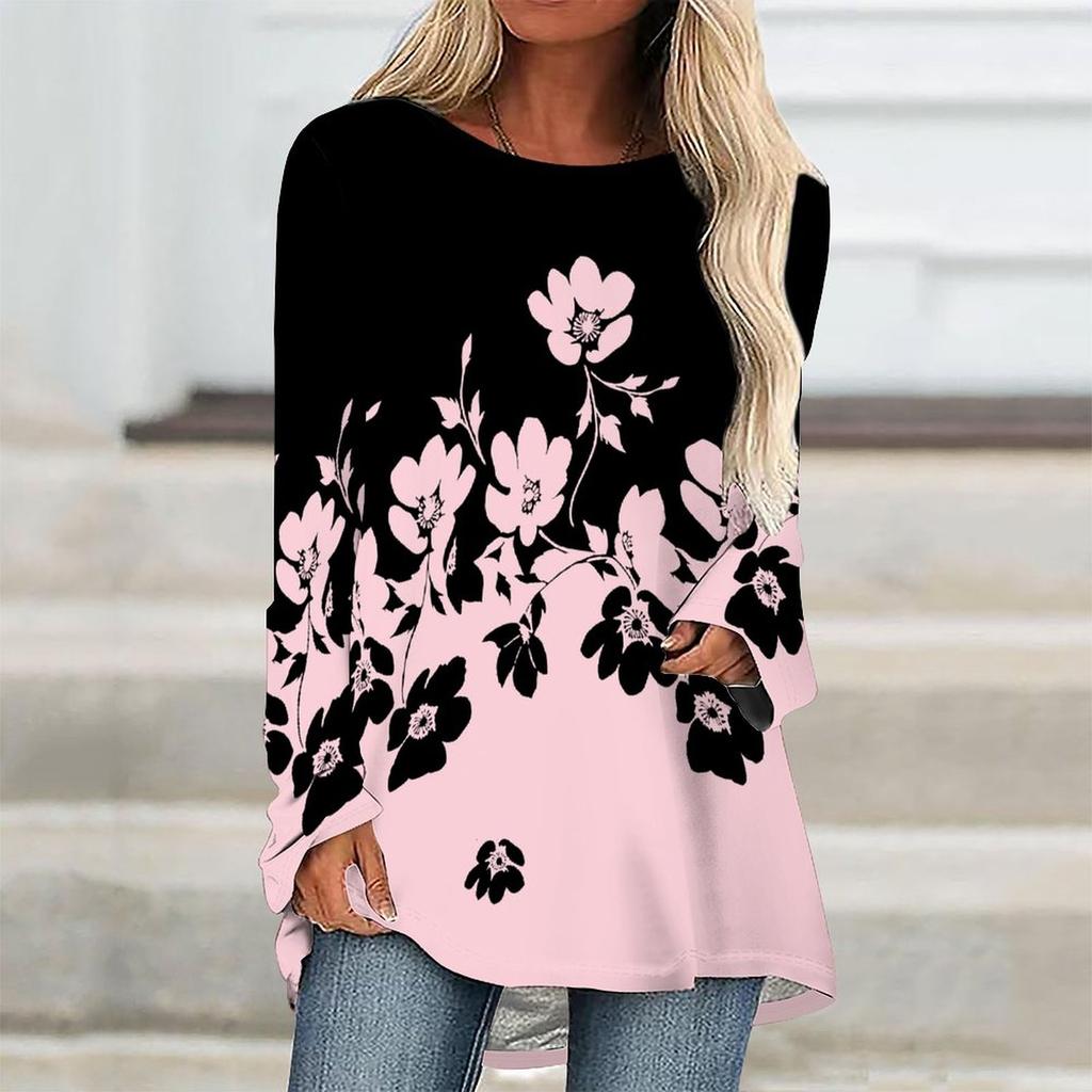 Plus Size Women Spring Floral Printed Comfy Long Sleeve Round Collar T-shirt Casual Baggy Mid Length Tee Tops