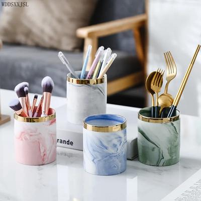 8x9.5cm Nordic Style Marbled Pen Holder Makeup Brush Holder Desktop Storage Bucket Flower Pot Ceramic Tank Vase Gift