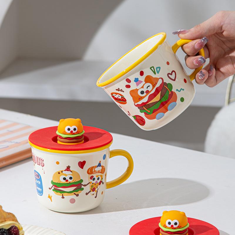 Fun burger ceramic mug three-dimensional coffee with lid water cup student office living room breakfast milk cup