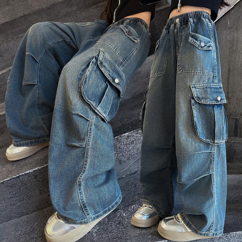 Teenage Girls Jeans with Big Pocket Four Seasons High Waist Fashion Blue Cargo Denim Pants Sale Wide Leg Trousers