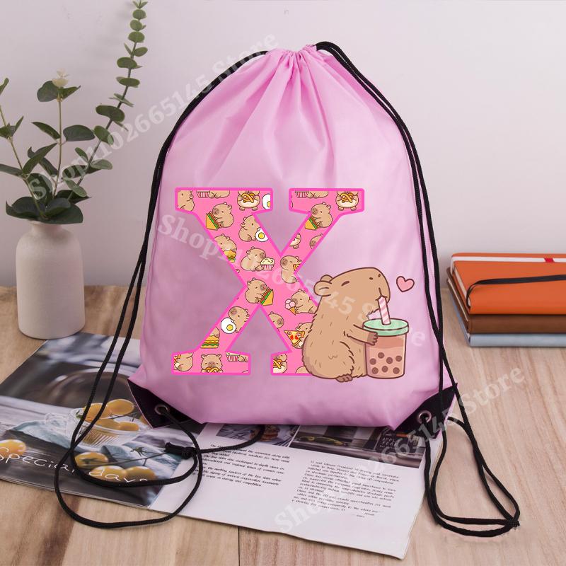 Capibara Girls Drawstring Backpack Cute Capybara Letter A-Z Storage Bag Kids Outdoor Sport Travel Rucksack Children Gifts