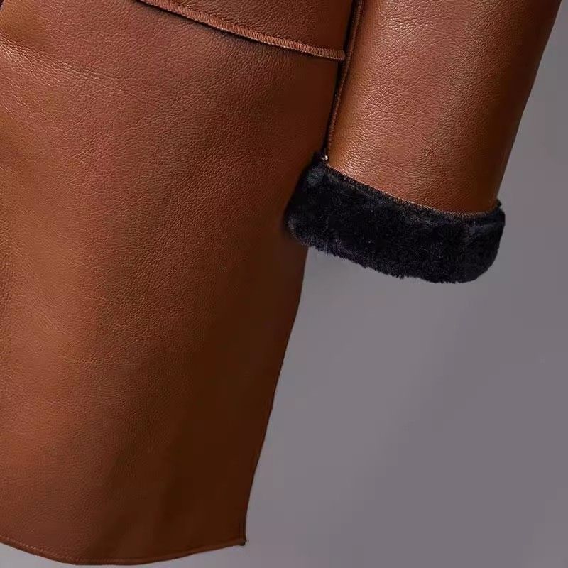 Autumn Winter Women's Leather Coat Thick Warm Mid-length Fleece-lined PU Leather Coat
