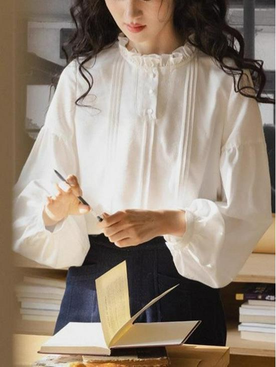 

Женская белая рубашка с оборками и воротником-стойкой Nesolum - Осенний французский ретро топ с длинным рукавом свободного кроя Extra Large белый