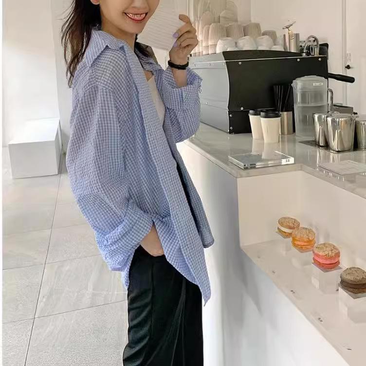 2026 Pink Korean Style Plaid Loose Sun Protection Bubble Cotton Lapel Shirt for Women