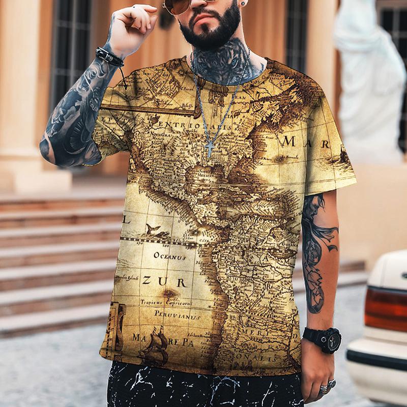 Hip-hop Retro Map Coordinate Tričko Pánské 3D strojový potisk Tričko nadměrné velikosti Street Summer Krátký rukáv 2022 Značka Top
