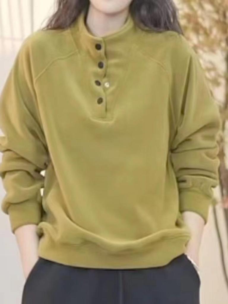 Women's 2025 Autumn/Winter Velvet Sweatshirt: Button Stand-Up Collar, Loose Fit, Plus Size, Fleece-Lined, Warm, Long-Sleeved Top