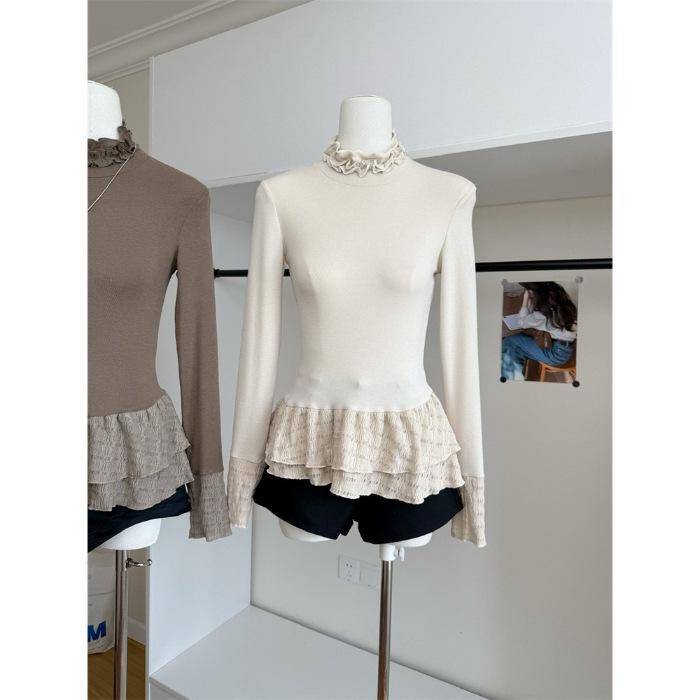 Women s Winter 2025 Solid Color Lace Collar Double-Layer Long-Sleeve Top Extra Large абрикосовый