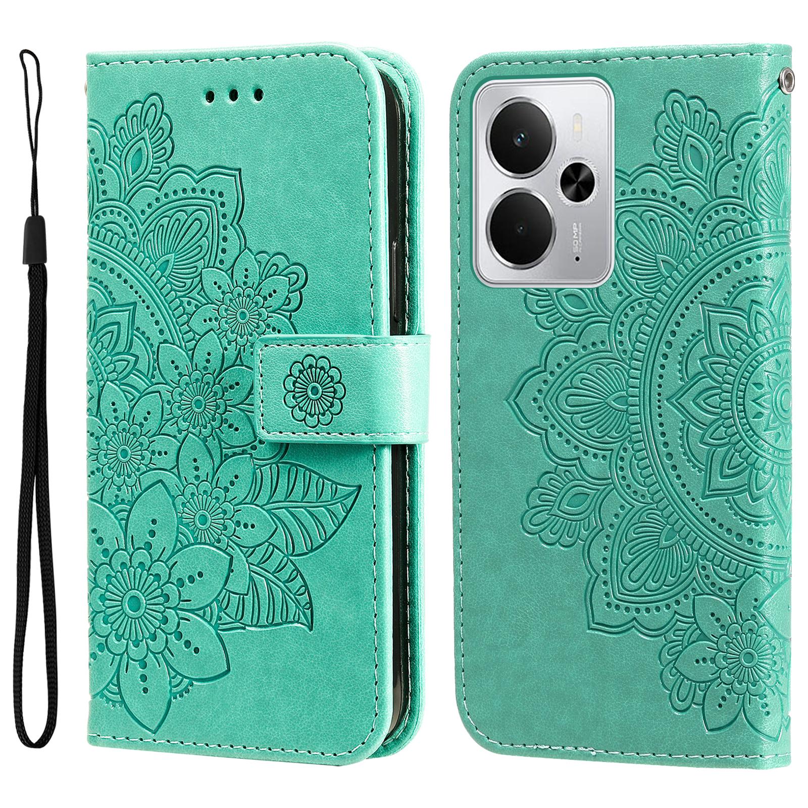 

For Realme 14 5G Case Floral Pattern PU Leather Wallet Stand Phone Cover Green