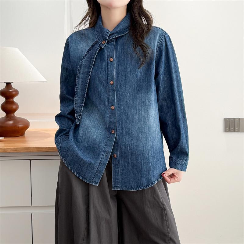 2026 Spring Plus Size Flowy Collar Denim Shirt for Women - Long Sleeve Slimming Jacket Fashion Top