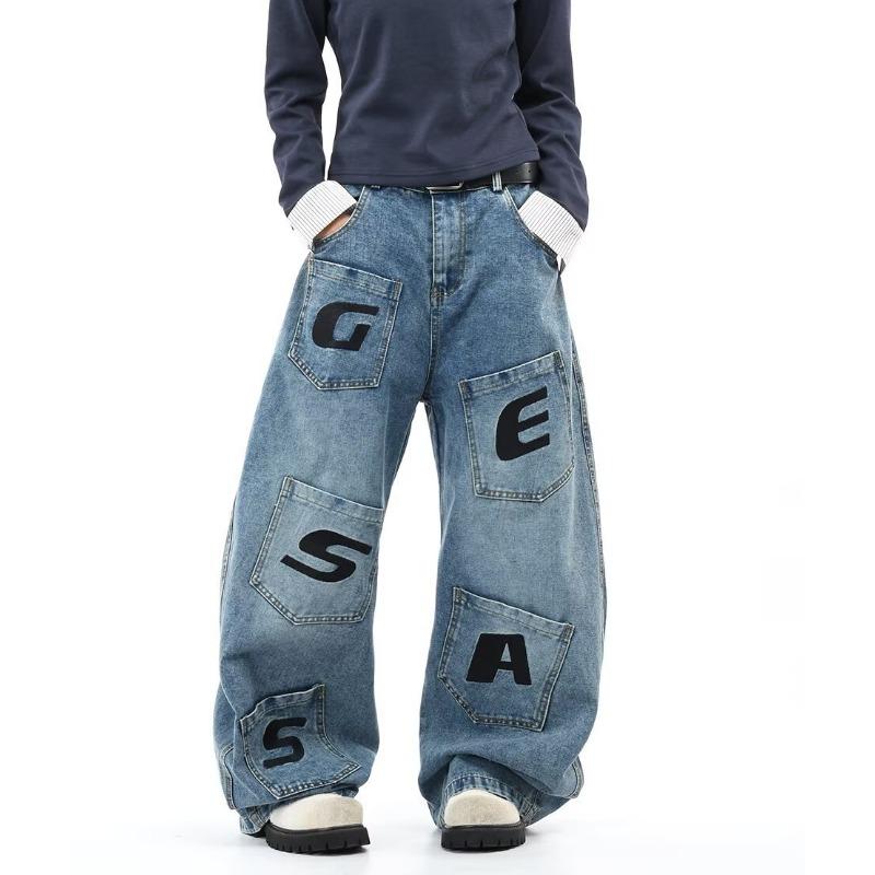 

Retro design letter print jeans men s and women s loose and thin straight floor-mopping trousers 3XL синий