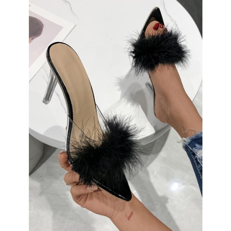 

Summer new large size fluff fashion fish mouth sandals sexy stiletto high heels women s transparent one-word slippers 43 чёрный