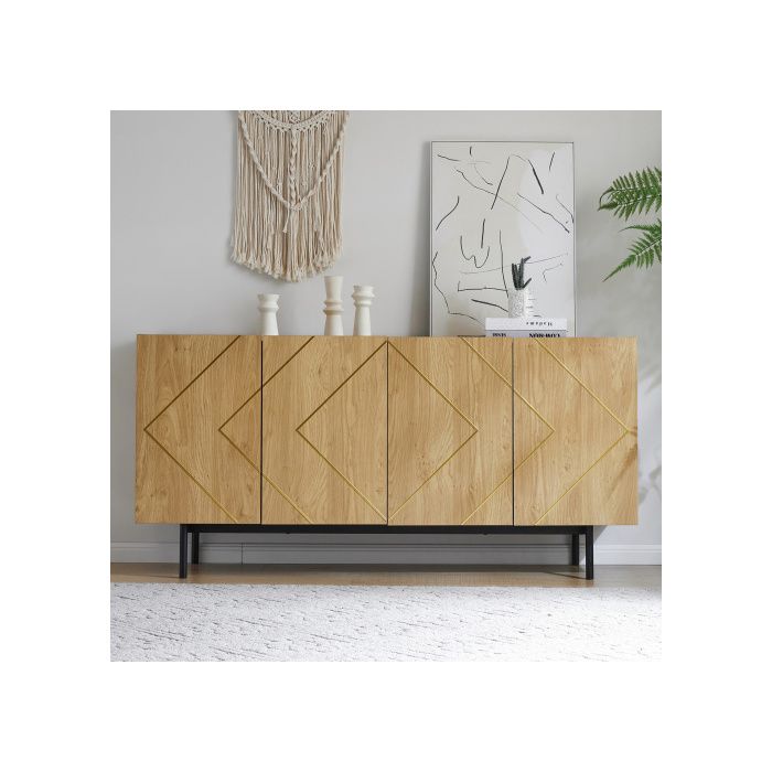 Buffet Bas - MUVOE - 4 Portes - Bois Naturel - Inserts Métalliques - H78 Cm L160 Cm P40 Cm