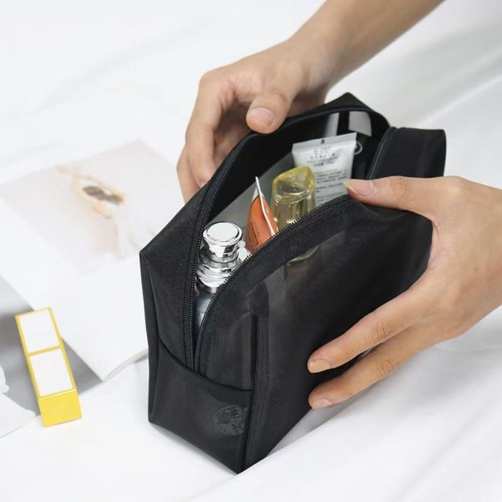 New Black Mesh Cosmetic Bag Zipper Closure Portable Toiletry Bag Clear Mesh Multi-functional Storage Pouch Travel Use