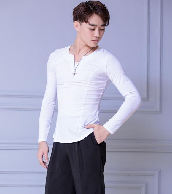 

XISAA Мужской танцевальный топ с длинным рукавом и V-образным вырезом - Профессиональный костюм для выступлений XL белый