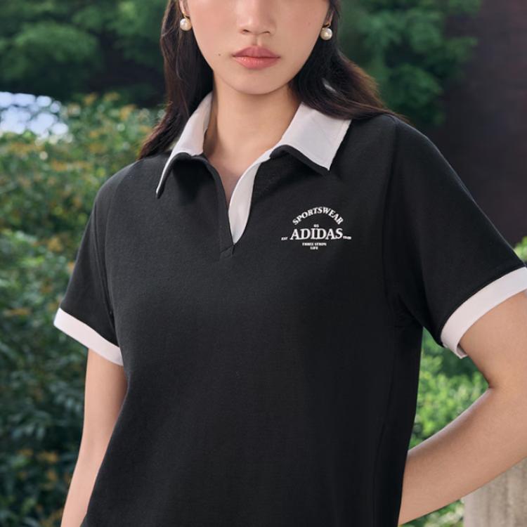 Adidas Verbiage Colorblock Print Collar Short Sleeve Dress Women Dress Black JD1154