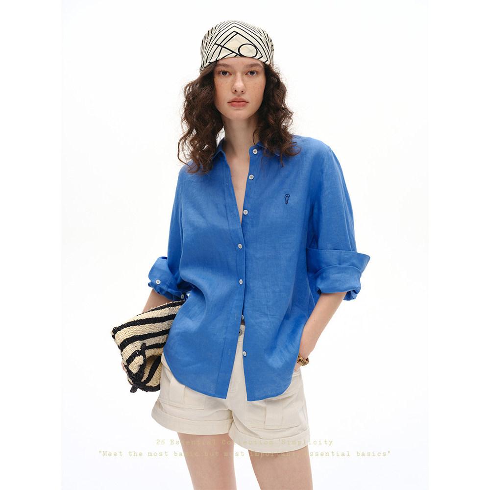 Peach Linen Embroidered Shirt Women's Long Sleeve Loose Lapel Commuter Sunscreen Shirt Summer Top