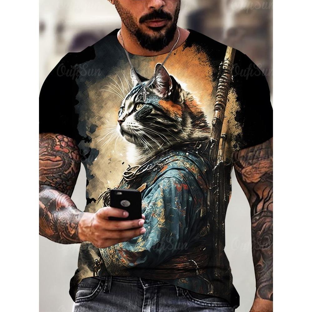 Japan Style Men's T-shirts 3D Samurai Cat Theme Print Short Sleeve T Shirts Fashion Men Women Crew Neck Tops Summer Clothing