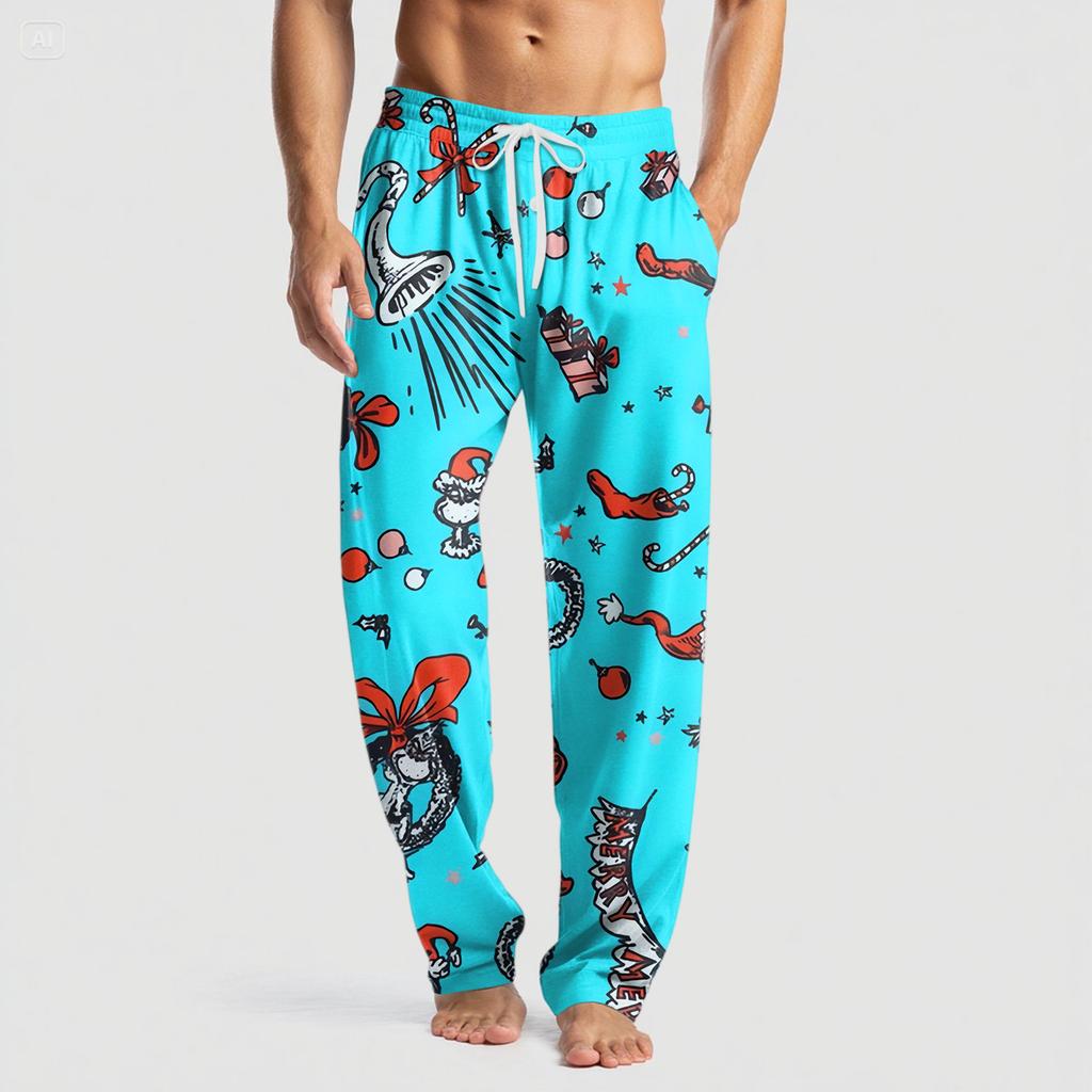 Men's Knitted Fashion Print Pocket Casual Pants Pajama Pants