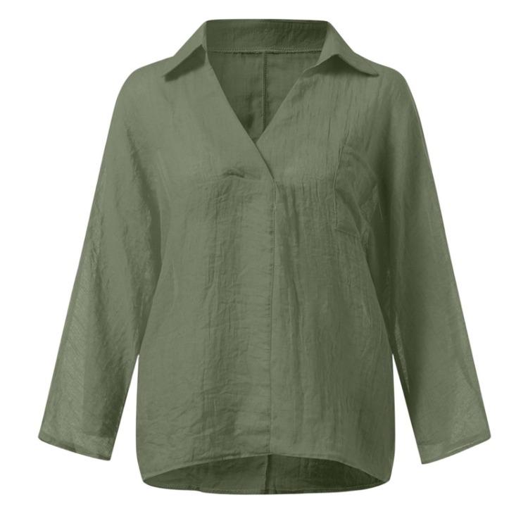 Women's Fashion Casual V Neck Long Sleeve Pullover Top Linen Cotton Blend