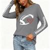 Women's Fashion Rugby Print Long Sleeve Neck Top with Side Slit Hem