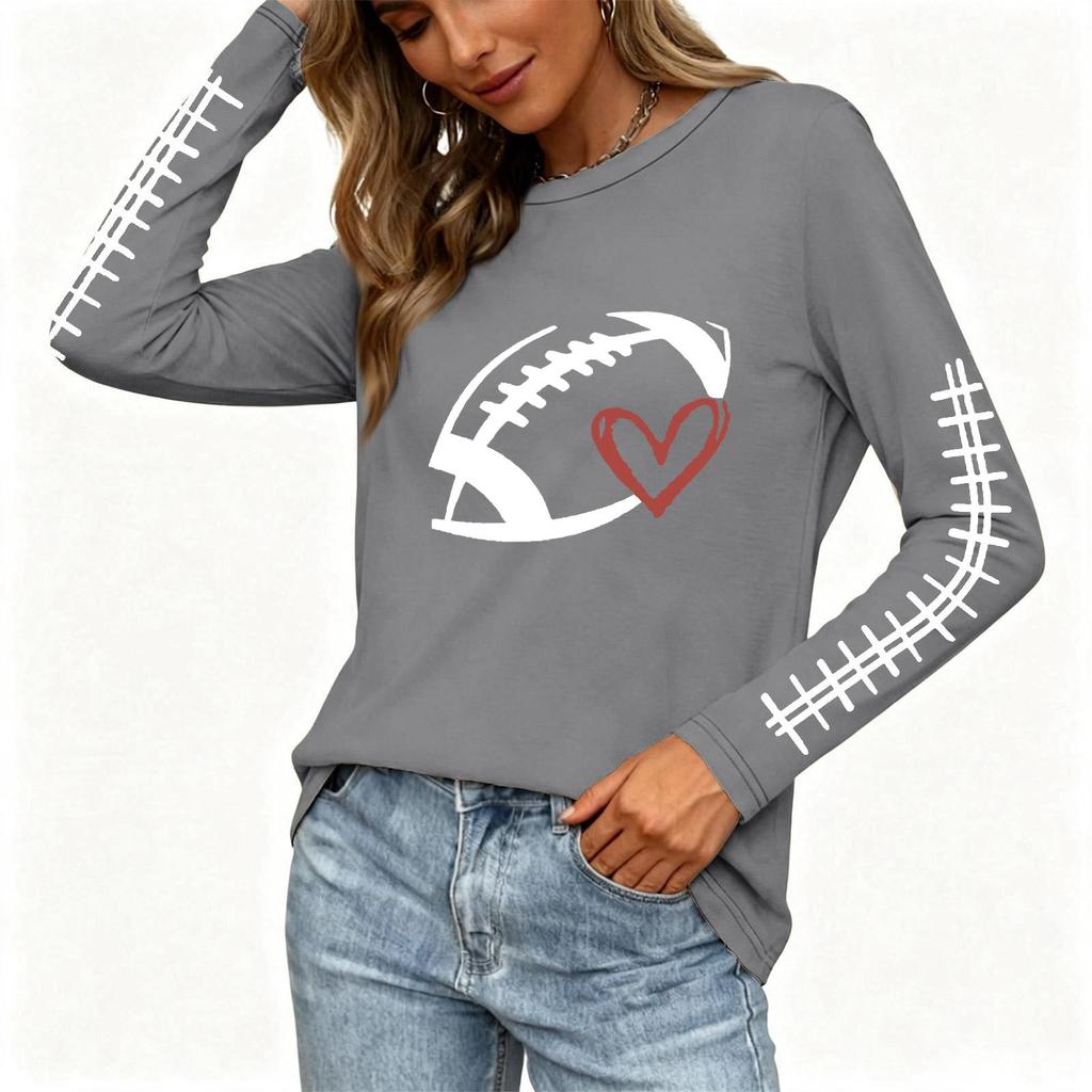 Women's Fashion Rugby Print Long Sleeve Neck Top with Side Slit Hem