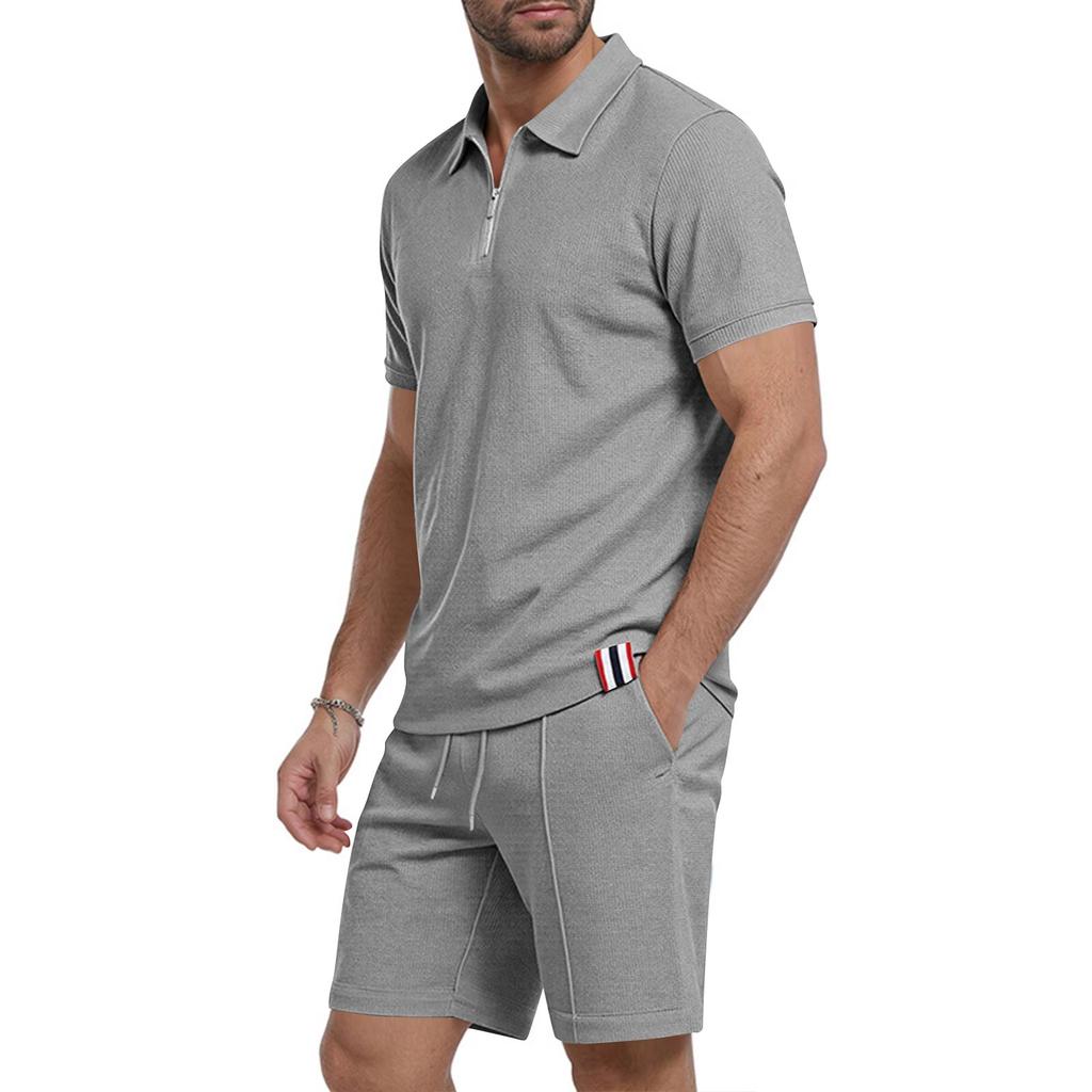 Men's Summer Breathable Waffle Knit Casual Loose Fit Two Piece Set Short Sleeve Polo Shirt with Zipper and Matching Shorts