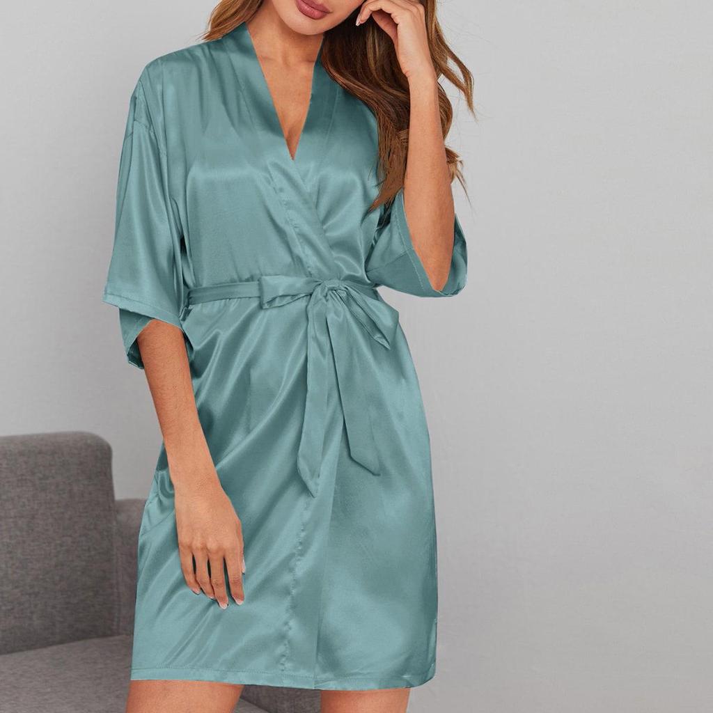 Women's Short-Sleeved Imitation Silk Pajamas and Bridal Morning Robe