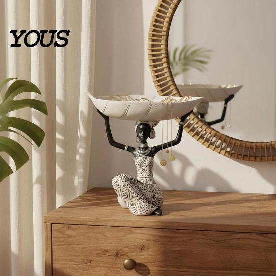 Jewelry Snack Tray African Woman Figurine with Head Tray, Black & White Tribal Ethnic Pattern Resin Statue, Overhead Key Holder Dual-Function Storage