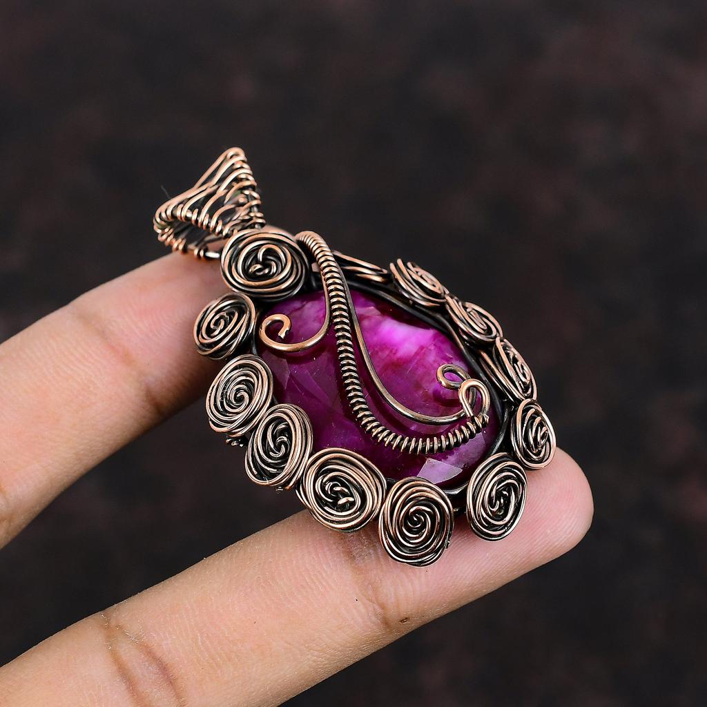 Faceted Kashmir Ruby Pendant Copper Wire Wrapped Pendant Handmade Copper Jewelry Anniversary Gift Stylish Pendant Wire Wrap Gemstone Jewelry