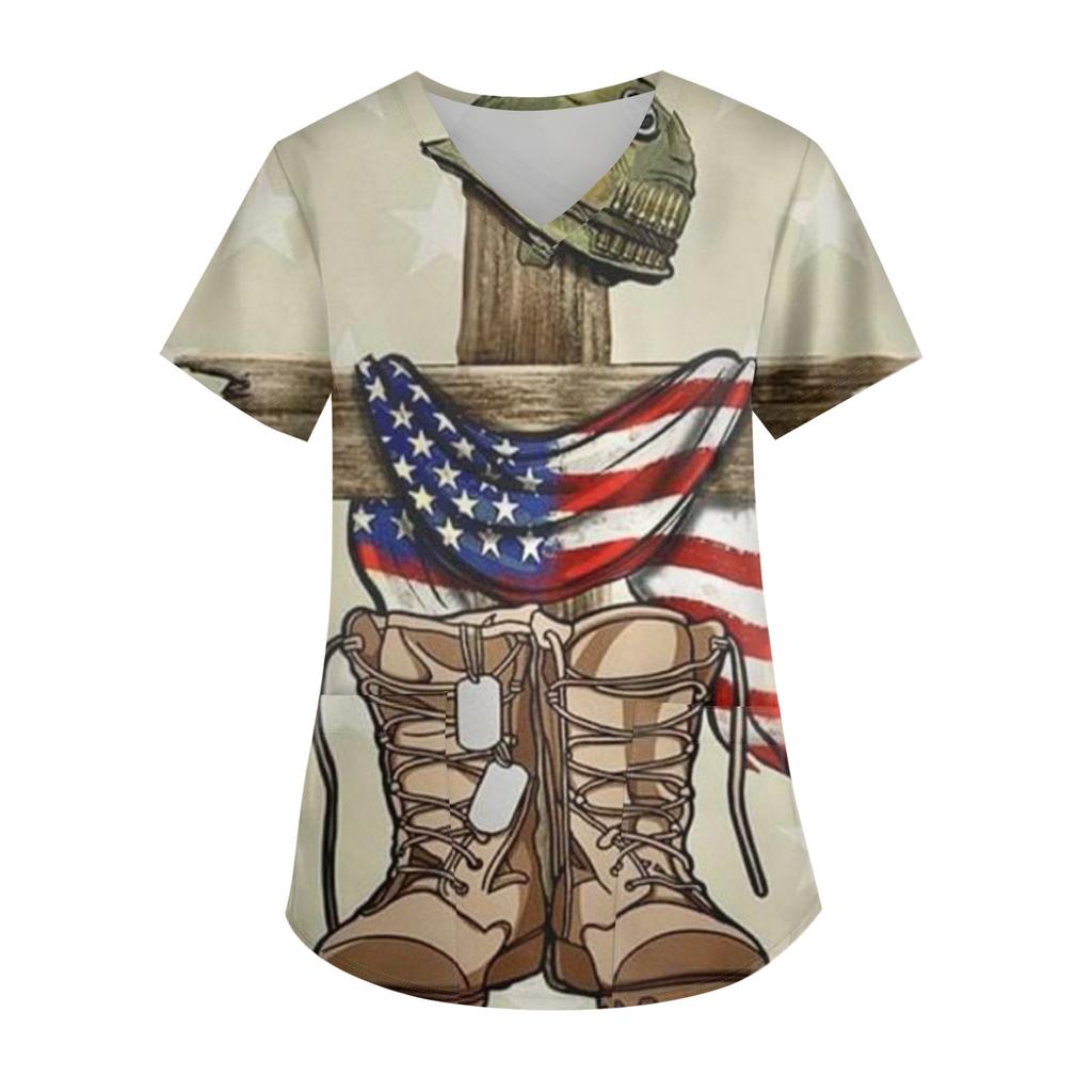 Ladies' Independence Day Printed Fashionable V-neck Pocket Short Sleeved Uniform and Caregiver Top