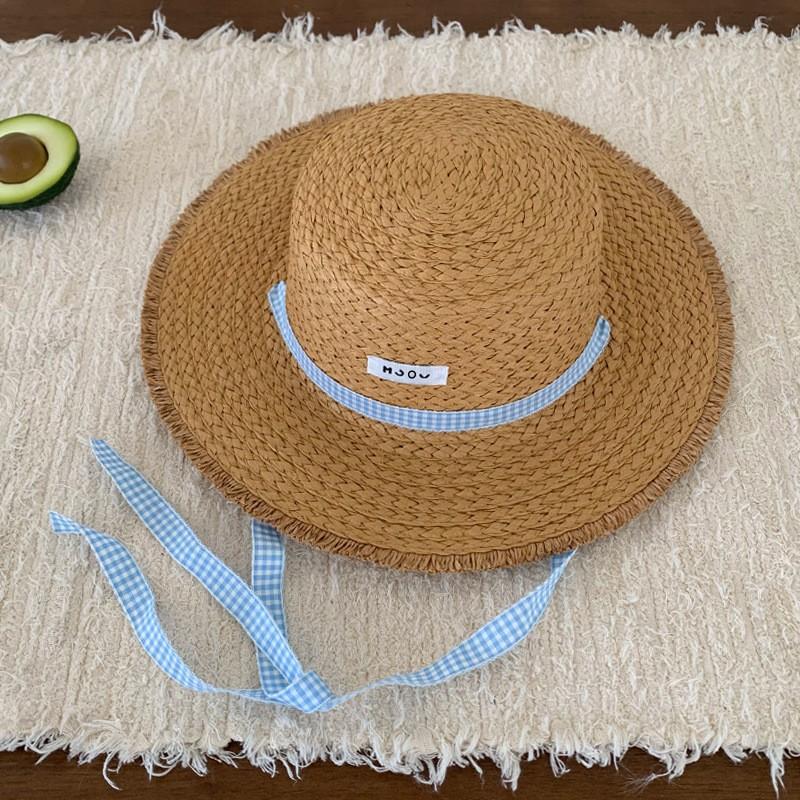 Flat top strap straw hat women's summer sunshade sun protection straw hat big brim beach hat seaside vacation