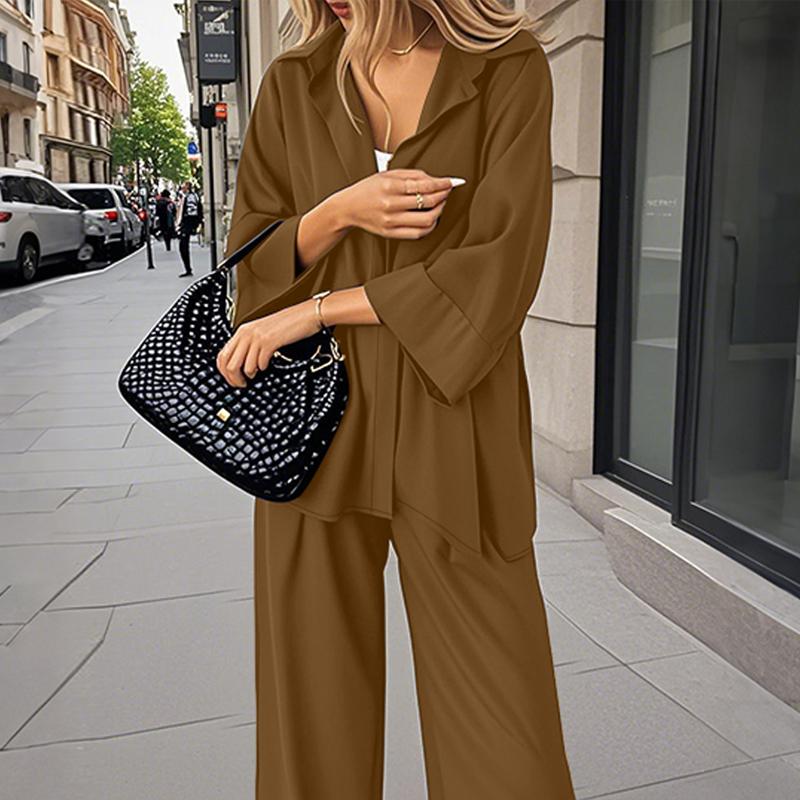 

ZANZEA Женские повседневные комплекты из блузки и брюк с рукавом 3/4 из двух предметов 2XL коричневый