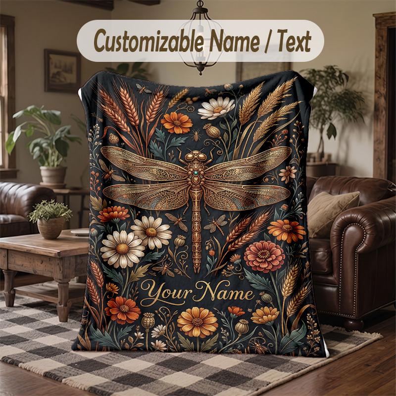 Dragonfly Fantasy Theme Throw Blanket Custom Name Text Personalized Blanket Soft Cozy Blanket for Home Sofa Bed