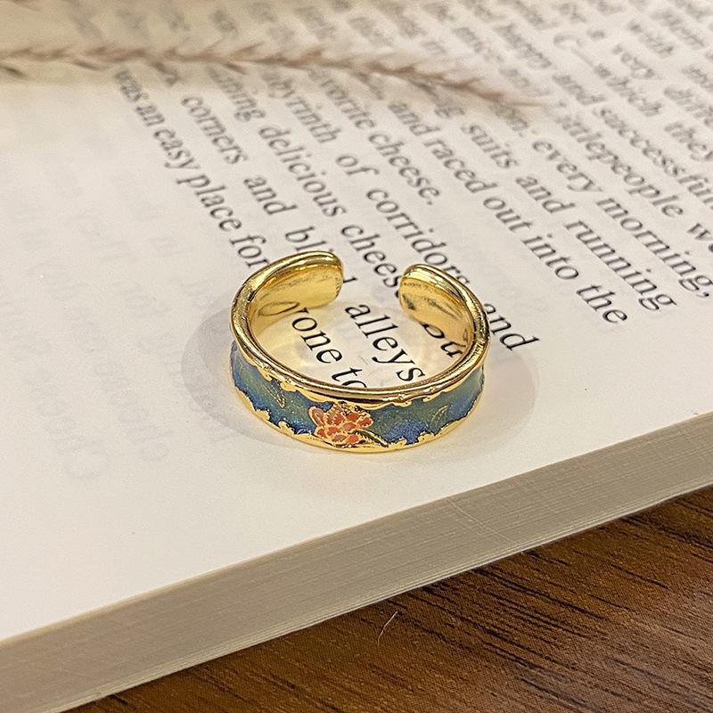 New Chinese Enamel Oil Pattern Ring Light Luxury High Sense Internet Celebrity Foreign Style Versatile Ring