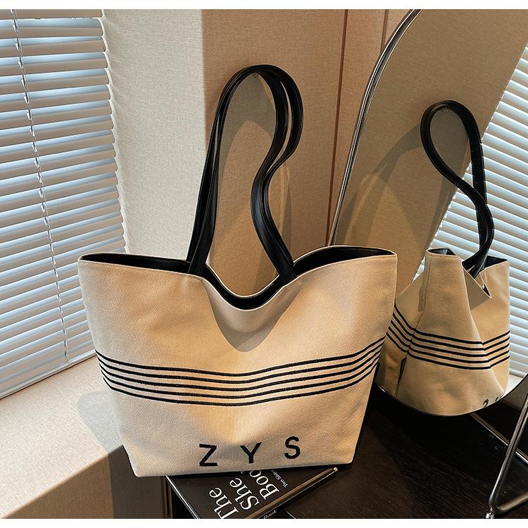 Striped Canvas Bag Women's Large-capacity New Autumn and Winter Versatile Simple Shoulder Bag College Student